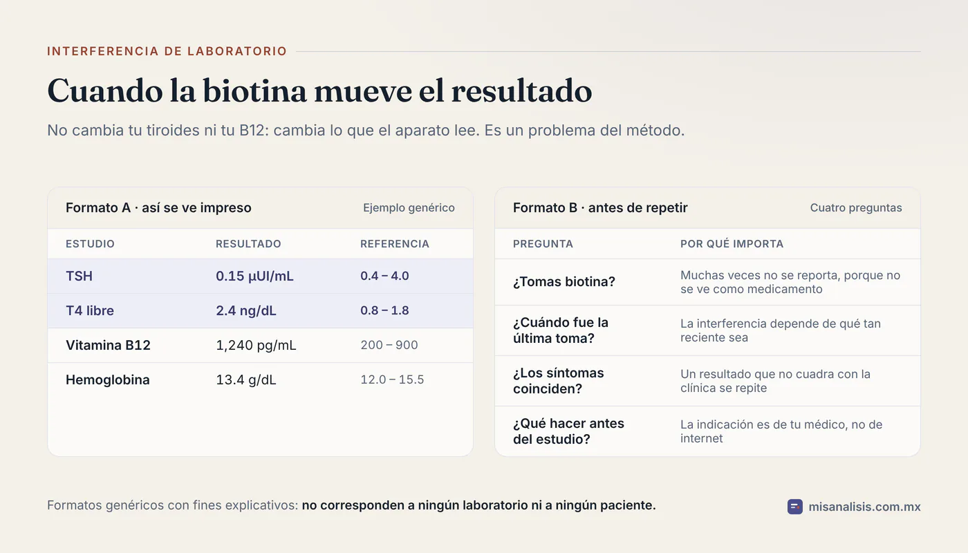 Reporte genérico con TSH de 0.15 µUI/mL y T4 libre de 2.4 ng/dL marcadas fuera de rango, vitamina B12 de 1,240 pg/mL, hemoglobina normal y cuatro preguntas antes de repetir el estudio.