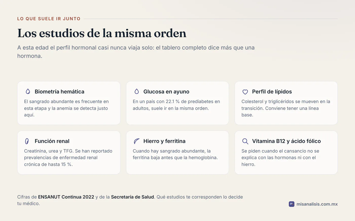 Seis estudios que acompañan al perfil hormonal: biometría hemática, glucosa en ayuno, perfil de lípidos, función renal, hierro con ferritina, y vitamina B12 con ácido fólico.