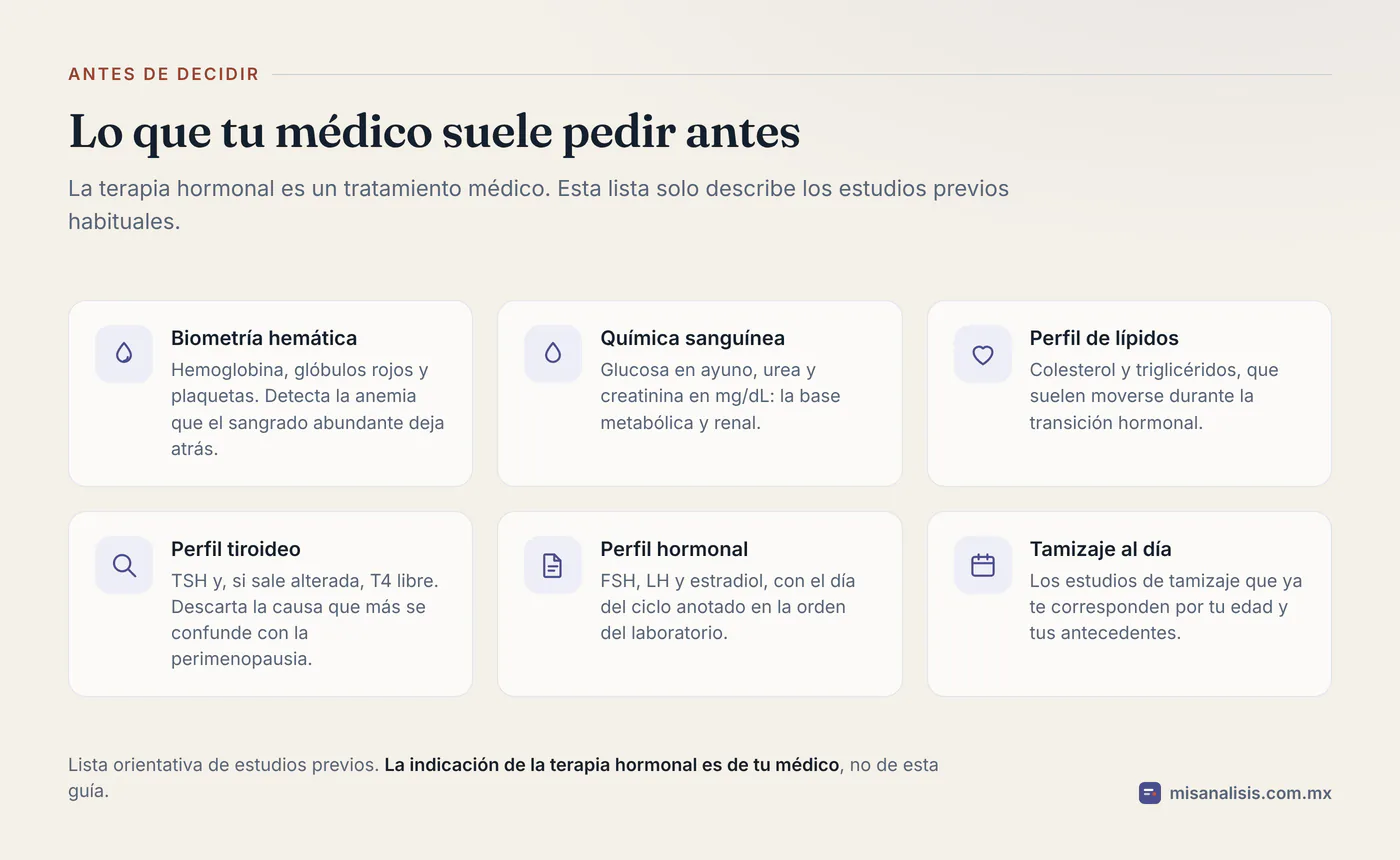 Seis estudios que suele solicitar el médico antes de valorar una terapia hormonal: biometría hemática, química sanguínea, perfil de lípidos, perfil tiroideo, perfil hormonal y tamizaje por edad.