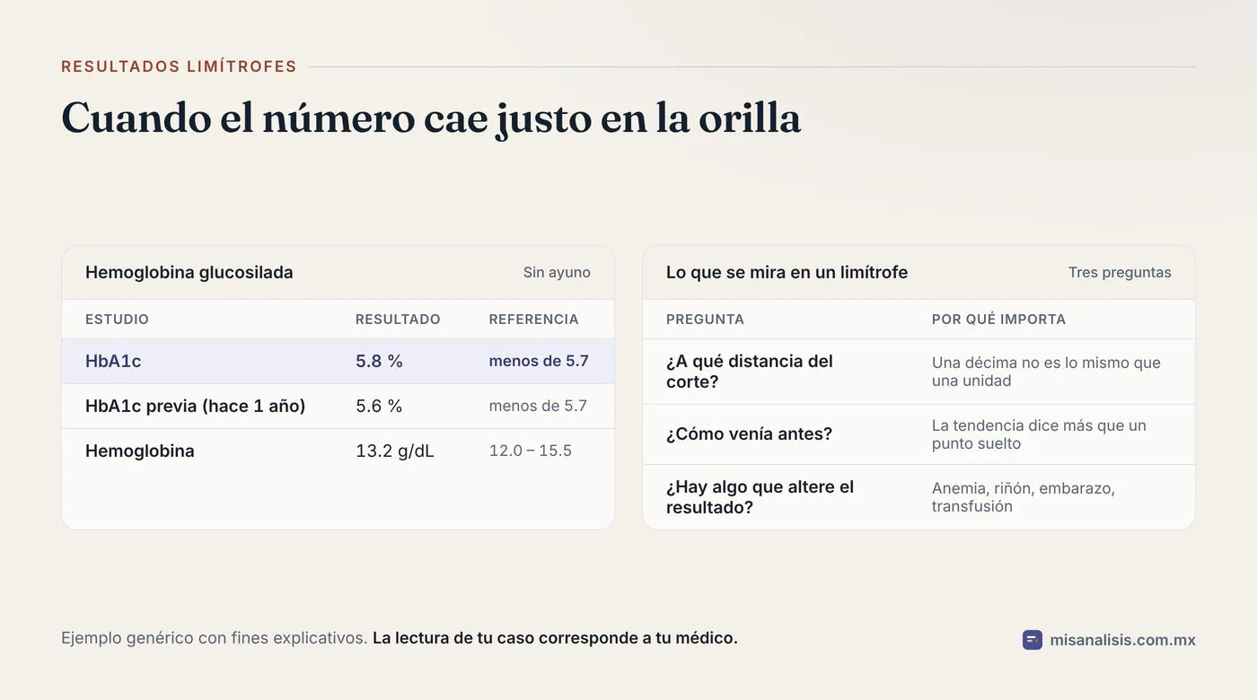 Ejemplo de resultado de hemoglobina glucosilada de 5.8 por ciento, apenas por encima del corte de 5.7, marcado como valor limítrofe.