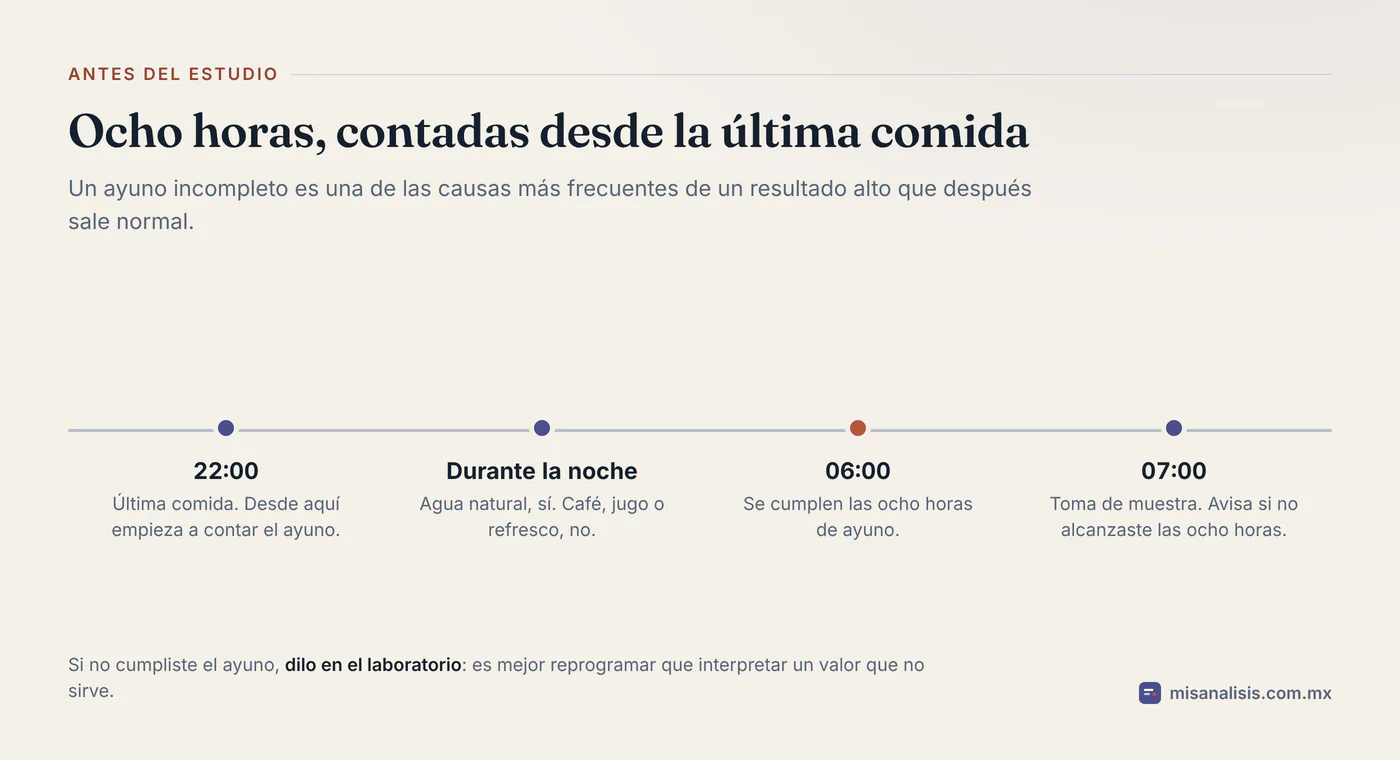 Línea de tiempo del ayuno para el estudio de glucosa: última comida a las 10 de la noche, agua permitida durante la noche, ocho horas cumplidas a las 6 de la mañana y toma de muestra a las 7.
