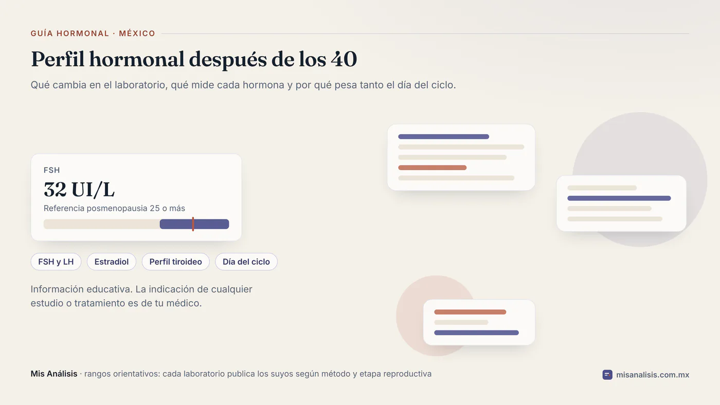 Apertura de la guía con una FSH de 32 UI/L situada dentro del rango de posmenopausia de 25 o más, junto a tres hojas de perfil hormonal superpuestas.