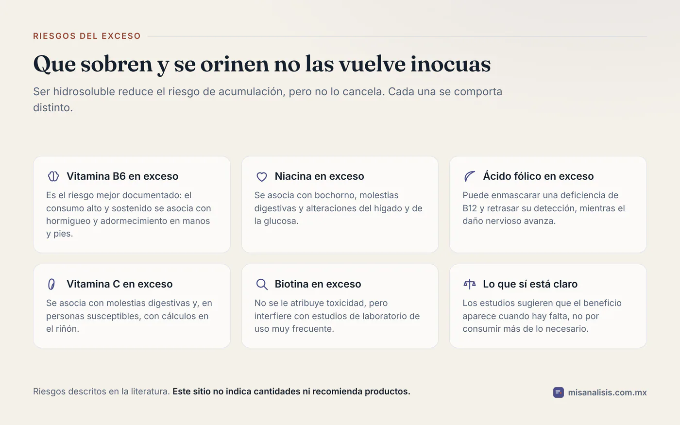 Rejilla con seis notas sobre el exceso de vitaminas hidrosolubles: la vitamina B6, la niacina, el ácido fólico, la vitamina C, la biotina y lo que sí está claro del beneficio.