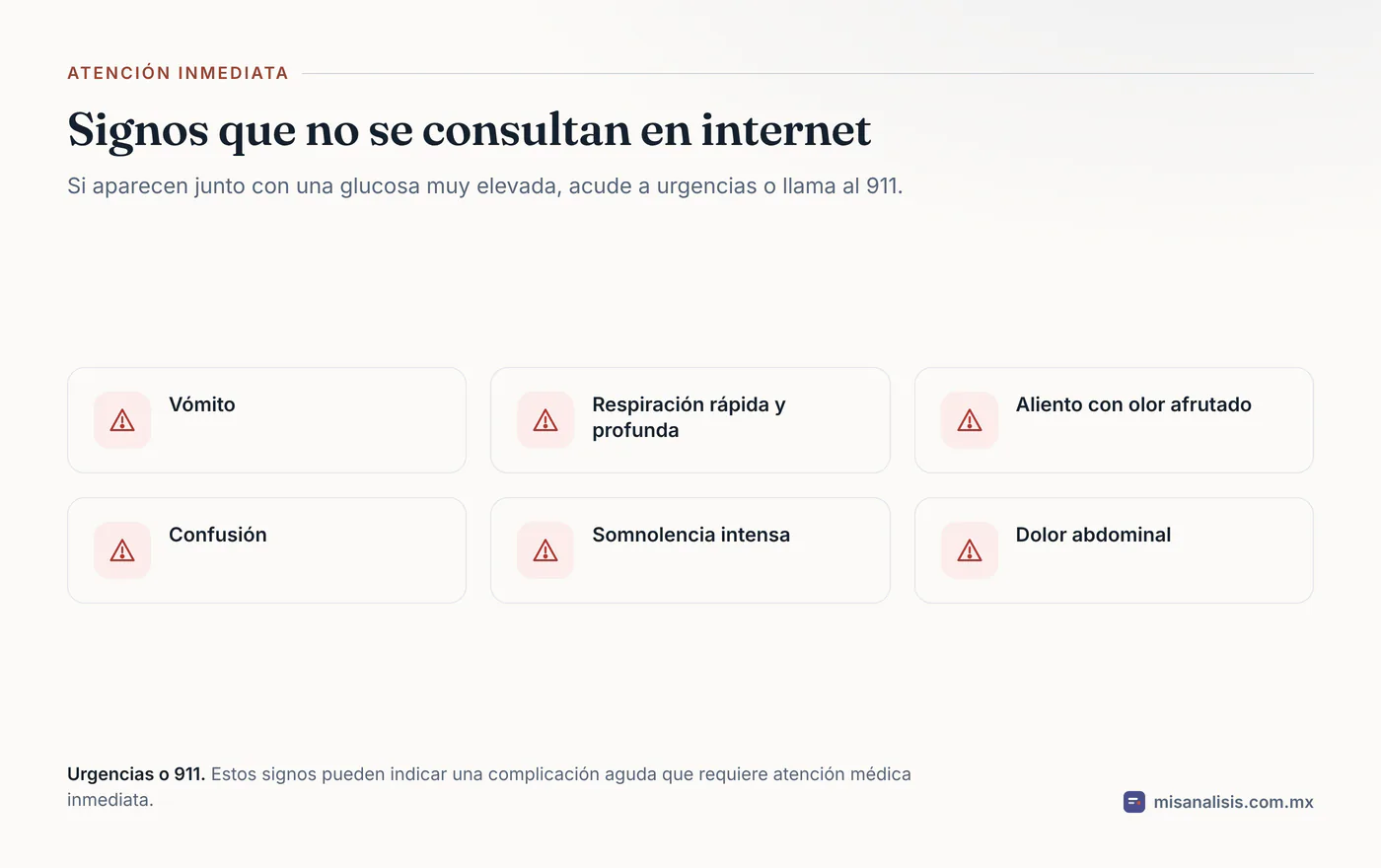 Seis signos que acompañan a una glucosa muy elevada y obligan a buscar atención inmediata: vómito, respiración rápida, aliento con olor afrutado, confusión, somnolencia intensa y dolor abdominal.