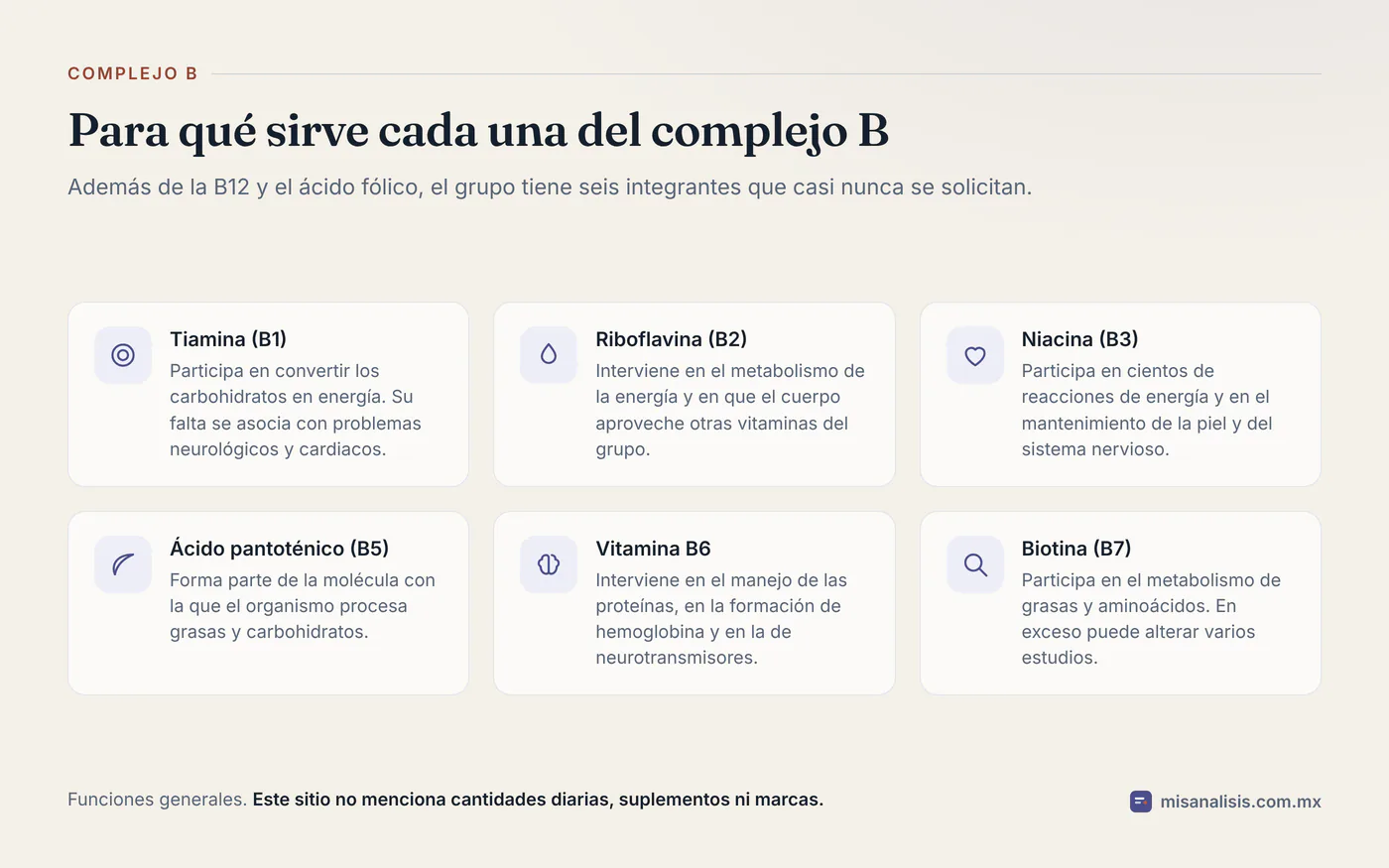 Seis vitaminas del complejo B con su función: tiamina B1, riboflavina B2, niacina B3, ácido pantoténico B5, vitamina B6 y biotina B7.