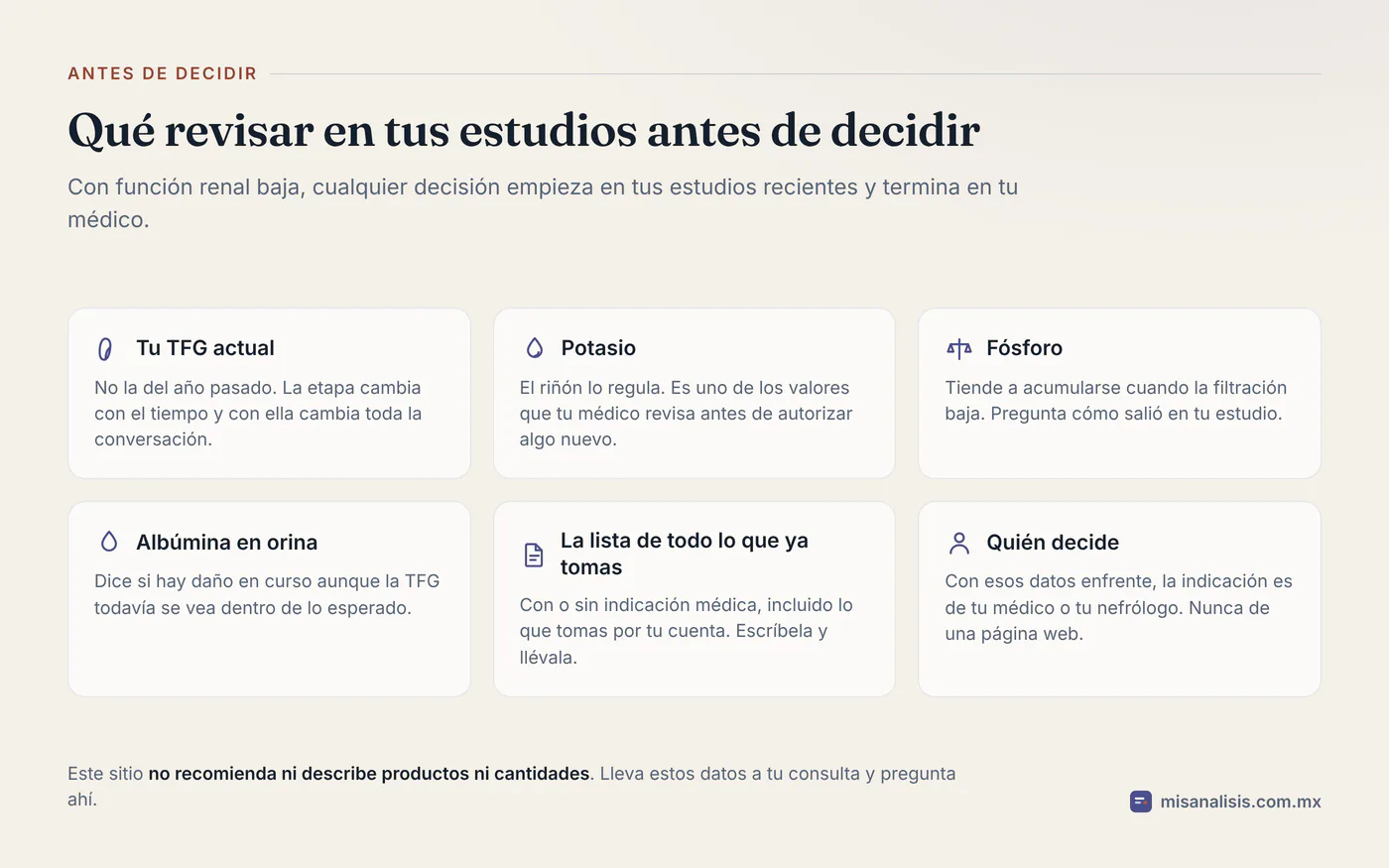 Seis puntos para llevar a la consulta cuando hay enfermedad renal: TFG actual, potasio, fósforo, albúmina en orina, la lista completa de lo que ya se toma y quién decide.